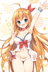 Rule 34 | 1girl, :d, ahoge, arm up, armpits, bare arms, bare shoulders, bikini, blue eyes, blush, bracelet, braid, breasts, brown hair, cleavage, commentary request, flower, gluteal fold, hair between eyes, hair flower, hair ornament, hair ribbon, hairband, highres, jewelry, large breasts, long hair, looking at viewer, mauve, navel, open mouth, pecorine (princess connect!), pecorine (summer) (princess connect!), princess connect!, red ribbon, ribbon, rose, see-through, side-tie bikini bottom, side braid, single braid, smile, solo, star (symbol), swimsuit, thigh gap, v, very long hair, white bikini, white hairband, yellow flower, yellow rose