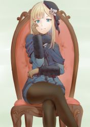 Rule 34 | 1girl, :3, black pantyhose, blonde hair, blue eyes, blue jacket, chair, commentary request, crossed legs, depphopp, fate/grand order, fate (series), flower, gloves, hand on head, hand on own cheek, hand on own face, hat, highres, jacket, long hair, long sleeves, looking at viewer, lord el-melloi ii case files, pantyhose, reines el-melloi archisorte, sitting, smile, solo