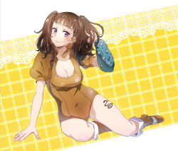 Rule 34 | 10s, 1girl, adjusting hair, animal print, arm support, blush, bodysuit, boots, breasts, brown hair, buckle, cleavage, closed mouth, conone, covered navel, cross-laced footwear, diane (nanatsu no taizai), elbow gloves, eyelashes, fingerless gloves, full body, giant, giantess, gloves, hand in own hair, hand up, happy, harness, head tilt, high collar, highres, hip focus, knee boots, kneeling, lace, lace background, large breasts, leaning, leotard, light smile, lipstick, long hair, looking at viewer, makeup, nanatsu no taizai, orange background, pink lips, puffy short sleeves, puffy sleeves, purple eyes, short sleeves, single elbow glove, sitting, smile, snake, solo, tattoo, twintails, yokozuwari