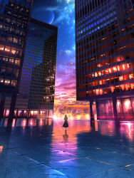 Rule 34 | 1girl, absurdres, arms at sides, black dress, building, city lights, cityscape, colorful, dress, facing ahead, from behind, grey hair, highres, legs together, lens flare, long dress, long hair, original, short sleeves, sky, skyline, skyscraper, smile (qd4nsvik), solo, standing, star (sky), starry sky, tile floor, tiles, very wide shot