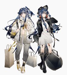 Rule 34 | 1girl, alternate costume, arknights, astesia (arknights), bag, black footwear, black headwear, black jacket, blue hair, boots, coffee cup, crop top, cup, diamond-shaped pupils, diamond (shape), disposable cup, dress, full body, grey pants, hat, headphones, highres, holding, holding cup, jacket, knee boots, long hair, long sleeves, multiple persona, open clothes, open jacket, pants, ponytail, shirt, shopping bag, simple background, standing, symbol-shaped pupils, very long hair, white background, white jacket, wide sleeves, yellow shirt, yuji (fantasia)