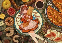 Rule 34 | 1girl, :q, apron, autumn, black trim, bow, braid, brown footwear, brown hair, buchi (qooo003), choker, closed mouth, collar, collared dress, commentary request, cup, doughnut, dress, english text, eyelashes, food, food request, foot out of frame, frilled apron, frills, from above, fruit, grey eyes, hair bow, heart, highres, holding, icing, juliet sleeves, light blush, long sleeves, looking at viewer, lying, maid headdress, object request, on back, original, oversized object, pie, plant, plate, pleated dress, pomegranate, puffy sleeves, red bow, red choker, red dress, sandals, short dress, short hair, single braid, smile, solo, table, tea, teacup, tongue, tongue out, white apron, white collar, white headdress