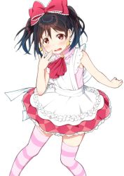 Rule 34 | 10s, 1girl, argyle, argyle clothes, argyle dress, black hair, blush, bow, commentary request, dress, earrings, embarrassed, frilled bow, frilled dress, frills, hair bow, hair ornament, hand up, highres, jewelry, looking at viewer, love live!, love live! school idol festival, love live! school idol project, multicolored clothes, multicolored dress, neckerchief, open mouth, pink thighhighs, red bow, red eyes, red neckerchief, short hair, simple background, skull573, sleeveless, solo, striped clothes, striped thighhighs, thighhighs, twintails, wavy mouth, white background, yazawa nico