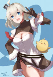 Rule 34 | 1girl, :d, ahoge, azur lane, bird, blue eyes, breasts, brown gloves, brown skirt, brown sleeves, chick, cleavage, commentary request, cowboy shot, dated, detached sleeves, fringe trim, gloves, grey hair, hair between eyes, hair ornament, hand on own hip, hand up, highres, large breasts, looking at viewer, manjuu (azur lane), miniskirt, oklahoma (azur lane), open mouth, rakuza (ziware30), shirt, short hair, shrug (clothing), side slit, sidelocks, signature, skirt, smile, smokestack, standing, strapless, strapless shirt, v, white shirt