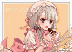 Rule 34 | 1girl, apron, back bow, black ribbon, blue eyes, bow, braid, braided bangs, commentary, english text, food, frilled apron, frilled cuffs, frilled sleeves, frills, grey hair, hair over shoulder, hair ribbon, happy valentine, hat, highres, hisakawa nagi, holding, holding food, idolmaster, idolmaster cinderella girls, long hair, looking at viewer, low twintails, mob cap, orange background, pie, pink apron, pink bow, ribbon, rino cnc, short sleeves, solo, standing, twintails, valentine, white hat