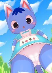 Rule 34 | 1girl, animal crossing, animal ears, blue dress, blue fur, blue hair, blue sky, blue theme, blush, blush stickers, body fur, bow, bow panties, cameltoe, cat ears, cat girl, cat tail, cloud, cowboy shot, day, dress, female focus, flat chest, frilled dress, frills, from below, furry, furry female, gluteal fold, grass, kajiura, looking at viewer, looking down, nintendo, open mouth, outdoors, panties, purple eyes, rosie (animal crossing), short dress, short hair, short sleeves, sky, solo, standing, tail, tree, two-tone fur, underwear, upskirt, white fur, white panties, wide-eyed