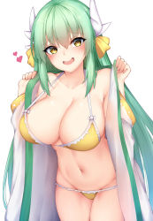 Rule 34 | 1girl, :d, absurdres, bare shoulders, bikini, blush, bow, breasts, chixiao, cleavage, collarbone, fate/grand order, fate (series), green hair, hair between eyes, hair ribbon, hands up, heart, highres, horns, japanese clothes, kimono, kiyohime (fate), kiyohime (fate/grand order), kiyohime (swimsuit lancer) (fate), kiyohime (swimsuit lancer) (first ascension) (fate), large breasts, long hair, looking at viewer, navel, open clothes, open kimono, open mouth, ribbon, simple background, smile, solo, standing, swimsuit, very long hair, white background, yellow bikini, yellow eyes, yellow ribbon