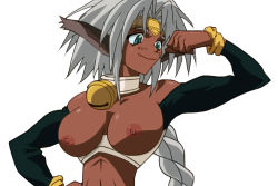 Rule 34 | 1990s (style), 1girl, aisha clanclan, animal ears, bell, blue eyes, bracelet, braid, breasts, circlet, collar, dark-skinned female, dark skin, fangs, female focus, green eyes, hair ornament, jewelry, jingle bell, long hair, neck bell, nipples, outlaw star, pointy ears, retro artstyle, simple background, single braid, slit pupils, smile, solo, tattoo, third-party edit, upper body, white background, white hair