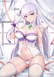 Rule 34 | 1girl, arm support, babydoll, bare shoulders, bed, braid, breasts, cleavage, cyicheng, elbow gloves, emilia (re:zero), english text, flower, gloves, hair flower, hair ornament, hair ribbon, indoors, long hair, looking at viewer, midriff, navel, paid reward available, panties, patreon username, playing with own hair, pointy ears, purple eyes, re:zero kara hajimeru isekai seikatsu, ribbon, sidelocks, silver hair, sitting, smile, solo, strap slip, thighhighs, thighs, underwear, watermark, white gloves, white panties, white thighhighs, window