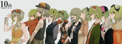 Rule 34 | 6+girls, absurdres, amulet, anniversary, arm tattoo, bare shoulders, chewing gum, commentary, echo (vocaloid), from side, gloves, goggles, goggles on head, gomiyama, green hair, gumi, hat, headphones, high collar, highres, hood, hoodie, jewelry, looking at viewer, matryoshka (vocaloid), multiple girls, multiple persona, necklace, orange shirt, orange skirt, panda hero (vocaloid), popped collar, red gloves, shirt, short hair with long locks, sidelocks, skirt, smile, song request, songover, striped clothes, striped shirt, tattoo, vest, vocaloid, wrist cuffs