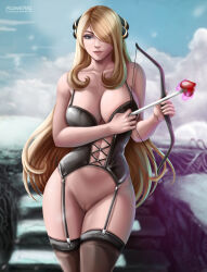 Rule 34 | 1girl, absurdres, alternate breast size, alternate costume, arrow (projectile), blonde hair, blue eyes, breasts, cleavage, creatures (company), cupid&#039;s arrow, cynthia (pokemon), deviantart, female focus, flowerxl, game console, game freak, hair over one eye, half-closed eyes, heart, heart arrow, highres, large breasts, looking at viewer, nintendo, nintendo 64, no panties, pokemon, pokemon dppt, pussy, thick thighs, thighhighs, thighs, underwear, upper body, watermark, web address, wide hips