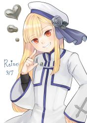 Rule 34 | 1girl, alternate costume, blonde hair, character name, commentary request, dated, fate (series), flower, grey flower, grin, hand on own hip, hand up, hat, hat flower, heart, highres, index finger raised, long hair, long sleeves, looking at viewer, lord el-melloi ii case files, red eyes, reines el-melloi archisorte, ribbon, satou usuzuku, simple background, smile, solo, upper body, white background, white hat, wide sleeves