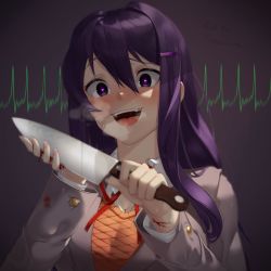 Rule 34 | 1girl, :d, artist name, blood, blood on clothes, blood on hands, blush, breasts, cardiogram, cleavage, commentary, cuts, doki doki literature club, english commentary, fangs, grey jacket, hair between eyes, hair ornament, hairclip, heart, heart in eye, heavy breathing, highres, holding, holding knife, injury, jacket, knife, long hair, long sleeves, looking at viewer, open mouth, purple eyes, purple hair, sample watermark, sasoura, school uniform, shirt, smile, solo, spoilers, sweat, symbol in eye, upper body, watermark, white shirt, yandere, yuri (doki doki literature club)