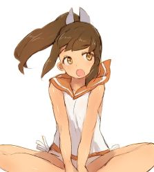Rule 34 | 1girl, alchera, brown eyes, brown hair, covering privates, covering crotch, hair ornament, hairclip, i-401 (kancolle), kantai collection, no panties, orange sailor collar, ponytail, sailor collar, shirt, short ponytail, side-tie shirt, sideways glance, simple background, sleeveless, sleeveless shirt, solo, tan, tanline, white background