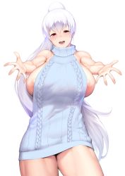 Rule 34 | 1girl, areola slip, bare shoulders, blush, breasts, hakai shin, high ponytail, highres, huge breasts, long hair, looking at viewer, meme attire, original, reaching, reaching towards viewer, red eyes, round teeth, sideboob, simple background, smile, solo, sweater, teeth, thick thighs, thighs, very long hair, virgin killer sweater, white background, white hair