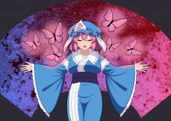 Rule 34 | 1girl, black background, blue hat, blue kimono, bug, butterfly, closed eyes, commentary, facing viewer, fluffywings, frilled kimono, frills, hat, highres, insect, japanese clothes, kimono, long sleeves, mob cap, open mouth, pink hair, saigyouji yuyuko, saigyouji yuyuko&#039;s fan design, sash, short hair, signature, simple background, solo, teeth, touhou, triangular headpiece, upper teeth only, wide sleeves