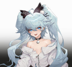 Rule 34 | &gt; &lt;, 1girl, :d, > <, absurdres, ahoge, bare shoulders, bell, blue eyes, blue hair, breasts, collar, commentary request, dot nose, ear piercing, fang, girls&#039; frontline, girls&#039; frontline neural cloud, gradient background, hair ornament, hairclip, heart, heart-shaped pupils, highres, long sleeves, looking at viewer, neck bell, off shoulder, open mouth, pa-15 (girls&#039; frontline), piercing, qingshu, simple background, small breasts, smile, solo, symbol-shaped pupils, twintails, upper body, white sleeves, wide sleeves, xd, zipper pull tab