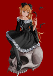 Rule 34 | 1girl, absurdres, bat (animal), black bow, black dress, black footwear, black pantyhose, blonde hair, bow, closed mouth, collarbone, commentary, dress, gothic lolita, hair bow, hand up, highres, lolita fashion, long hair, long sleeves, monogatari (series), nemo ringo, oshino shinobu, pantyhose, pointy ears, red background, simple background, sitting, skull, smile, solo, symbol-only commentary, yellow eyes