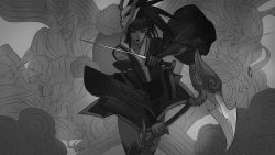 Rule 34 | 1girl, absurdres, akali, akali (legacy), alternate costume, antlers, arm guards, blood moon akali, blunt bangs, commentary, cowboy shot, dual wielding, english commentary, eyeliner, fighting stance, greyscale, highres, holding, holding sword, holding weapon, horns, japanese clothes, kama (weapon), kimono, league of legends, legs together, lips, long hair, long sleeves, looking at viewer, makeup, mask, mask on head, monochrome, obi, ponytail, ribbon-trimmed sleeves, ribbon trim, sash, short kimono, short sword, sickle, sidelocks, sketch, solo focus, sword, thighhighs, weapon, wide sleeves, zeenchin