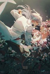 Rule 34 | 2boys, absurdres, aqua nails, black hair, blue eyes, blue hair, earrings, eussa, film grain, flower, formal, from side, highres, holding hands, idolish7, jewelry, long hair, long sleeves, looking at viewer, male focus, mole, momo (idolish7), multicolored hair, multiple boys, nail polish, open mouth, profile, re:vale, red eyes, shirt, smile, suit, two-tone hair, underwater, white flower, white hair, white suit, yaoi, yuki (idolish7)