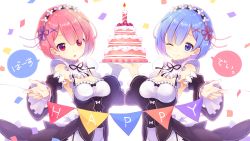 Rule 34 | &gt;:o, 10s, 2girls, :o, ;), apron, blue eyes, blue hair, blue ribbon, blush, breasts, cake, candle, closed mouth, collar, confetti, detached collar, detached sleeves, food, foreshortening, frilled apron, frilled collar, frilled sleeves, frills, hair ornament, hair over one eye, hair ribbon, happy birthday, highres, holding, holding food, holding tray, layer cake, looking at viewer, maid, maid headdress, medium breasts, multiple girls, nanohana kohina, one eye closed, open mouth, outstretched arm, pennant, pink hair, pink ribbon, ram (re:zero), re:zero kara hajimeru isekai seikatsu, red eyes, rem (re:zero), ribbon, short hair, siblings, simple background, sisters, smile, speech bubble, symmetry, tray, twins, v-shaped eyebrows, waist apron, wallpaper, white background, x hair ornament