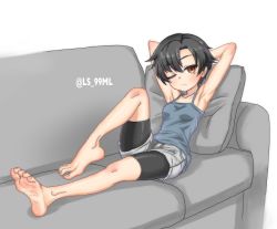Rule 34 | 1girl, absurdres, armpits, arms up, black hair, blush, brown eyes, couch, feet, highres, one eye closed, original, shirt, short hair, shorts, soles, solo, toes, tsukimaru (ls 99ml), white background