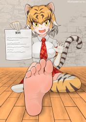 Rule 34 | 1girl, animal ears, barefoot, blush, fang, feet, highres, holding, holding paper, kemono friends, looking at viewer, medium hair, multicolored hair, necktie, open mouth, paper, single sock, socks, subgametarou, tail, tiger (kemono friends), toes, two-tone hair, yellow eyes