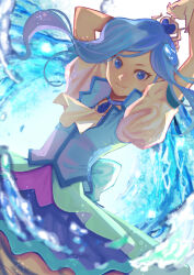 Rule 34 | 1girl, arms up, ascot, blue dress, blue eyes, blue hair, blurry, blurry foreground, closed mouth, commentary request, cowboy shot, cure fontaine, depth of field, dress, dutch angle, earrings, gloves, hair ornament, healin&#039; good precure, jewelry, jj (ssspulse), long hair, looking at viewer, magical girl, partial commentary, precure, puffy short sleeves, puffy sleeves, sawaizumi chiyu, short dress, short sleeves, smile, solo, standing, tiara, water, white ascot, white gloves