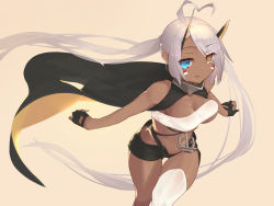 Rule 34 | 1girl, azur lane, bare shoulders, black cape, black shorts, blue eyes, breasts, cape, cleavage, dark-skinned female, dark skin, facial mark, gloves, heterochromia, highres, indianapolis (azur lane), long hair, medium breasts, partially fingerless gloves, purple hair, short shorts, shorts, simple background, single thighhigh, solo, thigh gap, thighhighs, twintails, very long hair, white thighhighs, yellow eyes, yohia