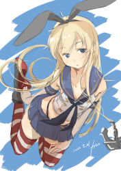 Rule 34 | 1girl, anchor hair ornament, black hairband, black neckerchief, black panties, blonde hair, blue background, blue sailor collar, blue skirt, crop top, dated, elbow gloves, fyuo, gloves, grey eyes, hair ornament, hairband, highleg, highleg panties, highres, kantai collection, long hair, looking at viewer, microskirt, miniskirt, neckerchief, panties, pleated skirt, sailor collar, shimakaze (kancolle), signature, skirt, solo, striped clothes, striped thighhighs, thighhighs, two-tone background, underwear, white gloves