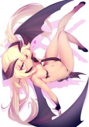 Rule 34 | 1girl, ahoge, bare legs, bare shoulders, between legs, black gloves, blonde hair, breasts, choker, commentary request, demon girl, demon horns, demon tail, demon wings, dev (dev0614), fingerless gloves, flats, gloves, heart, heart ahoge, highres, horns, long hair, looking at viewer, making-of available, nail polish, navel, one eye closed, original, pink eyes, pinky out, pointy ears, purple eyes, revealing clothes, revision, single glove, small breasts, solo, tail, tail between legs, tail grab, upside-down, wings