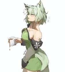 Rule 34 | 1girl, acctops, ahoge, animal ear fluff, animal ears, arknights, breasts, cat ears, cat girl, cleavage, closed eyes, coffee cup, coffee mug, collarbone, cup, disposable cup, dress, facing to the side, green dress, green hair, grey hair, highres, holding, holding cup, kal&#039;tsit (arknights), large breasts, looking to the side, messy hair, miniskirt, mug, off-shoulder dress, off shoulder, open mouth, short hair, skirt, squeans, sleepy, solo, waking up, white hair, yawning
