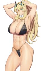 Rule 34 | 1girl, abs, armpits, arms behind head, arms up, blonde hair, blush, breasts, cleavage, cowboy shot, barghest (fate), fate/grand order, fate (series), green eyes, highres, large breasts, long hair, looking at viewer, lvl (sentrythe2310), muscular, muscular female, navel, ponytail, red eyes, simple background, smile, thighs, white background