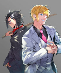 Rule 34 | 2boys, alternate costume, back-to-back, black hair, black jacket, black pants, black shirt, blonde hair, blue eyes, collared shirt, expressionless, fate/grand order, fate (series), fingernails, fist in hand, formal, grey background, grey eyes, grin, hand in pocket, holding, holding sword, holding weapon, jacket, kotobuki toro, kunai, looking at viewer, looking back, male focus, mandricardo (fate), multicolored hair, multiple boys, necktie, open clothes, open jacket, pants, pink necktie, pinstripe pattern, pinstripe suit, pinstripe vest, red shirt, roland (fate), shirt, short hair, sideburns, simple background, smile, spiked hair, streaked hair, striped, suit, sword, upper body, v-shaped eyebrows, vest, weapon, white hair, white jacket, white pants, white suit, white vest