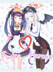Rule 34 | 2girls, absurdres, apron, black wings, blue archive, brown pantyhose, closed eyes, demon horns, demon wings, funcle, fuuka (blue archive), halo, haruna (blue archive), heart hands failure, highres, horns, looking at viewer, multiple girls, pantyhose, thighs, white apron, wings, yuri