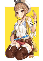 Rule 34 | 1girl, atelier (series), atelier ryza, atelier ryza 1, belt, blush, breasts, brown eyes, brown hair, cleavage, closed mouth, hair ornament, hairclip, hank10111213, hat, jewelry, looking at viewer, necklace, outside border, red shorts, reisalin stout, short hair, short shorts, shorts, smile, solo, star (symbol), thighhighs, thighs, waving, white hat