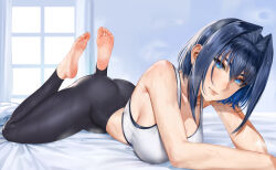 Rule 34 | 1girl, absurdres, ass, barefoot, blue eyes, blue hair, dark blue hair, easonx, feet, highres, hololive, hololive english, leggings, light blush, looking at viewer, lying, medium hair, on stomach, ouro kronii, soles, sports bra, steam, sweat, the pose, toes, virtual youtuber