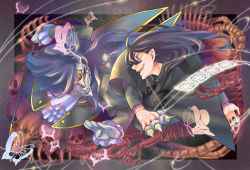 Rule 34 | 2boys, animal skull, battle, bug, butterfly, cane, collaboration, colored sclera, colorized, crazy eyes, crazy smile, eye trail, fantasy, gloves, glowing, glowing eyes, insect, light trail, magic, male focus, moon (pixiv fantasia), multiple boys, nishihara isao, nyoro ri, pixiv fantasia, pixiv fantasia 2, purple hair, red eyes, sharp teeth, skull, smile, spindle, string, teeth, unconventional weapon, weapon, yellow eyes, yellow sclera