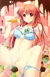 Rule 34 | 1girl, :q, absurdres, alpha (yukai na nakamatachi), bare shoulders, blue bra, blue panties, bow, bra, censored, checkered background, chocolate, convenient censoring, food, food on body, hair bow, highres, ice cream, ice cream cone, isozaki renka, long hair, looking at viewer, navel, okiba ga nai!, orange eyes, orange hair, panties, panties around leg, polka dot, polka dot bra, ribbon-trimmed bra, ribbon trim, scan, sitting, solo, spread legs, strap slip, tongue, tongue out, underwear, underwear only