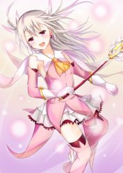 Rule 34 | &gt;:d, 1girl, :d, bad id, bad pixiv id, boots, elbow gloves, fate/kaleid liner prisma illya, fate (series), feather hair ornament, feathers, gloves, feather hair ornament, illyasviel von einzbern, kaleidostick, long hair, magical girl, magical ruby, open mouth, pink footwear, prisma illya, red eyes, smile, solo, tailam, thighhighs, v-shaped eyebrows, wand, white hair