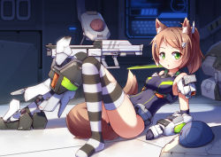 Rule 34 | 1girl, animal ears, brown hair, elbow gloves, gloves, green eyes, haro, langbazi, leotard, mecha musume, original, personification, short hair, solo, striped clothes, striped thighhighs, tail, thighhighs, torn clothes, torn thighhighs