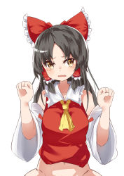 Rule 34 | 1girl, ascot, black hair, blush, bottomless, bow, breasts, clenched hand, commentary request, cookie (touhou), detached sleeves, frilled bow, frilled hair tubes, frilled shirt collar, frills, hair bow, hair tubes, hakurei reimu, highres, long hair, looking at viewer, medium breasts, navel, open mouth, parted bangs, red bow, red shirt, sananana (cookie), shirt, simple background, sleeveless, sleeveless shirt, solo, touhou, upper body, white background, white sleeves, yellow ascot, yellow eyes, yumekamaborosh