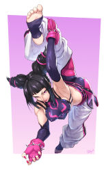 Rule 34 | 1girl, ass, black hair, breasts, commentary, drill hair, feet, han juri, highres, leg lift, medium breasts, nail polish, ozkh, pink background, pink eyes, signature, solo, stirrup legwear, street fighter, street fighter iv (series), toeless legwear, toes, tongue, tongue out, twin drills