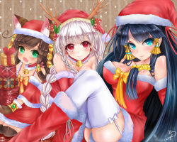 Rule 34 | 3girls, animal ears, antlers, aqua eyes, bastet (p&amp;d), bell, black hair, blush, bow, braid, brown hair, cat ears, christmas, green eyes, horns, isis (p&amp;d), jewelry, light valkyrie (p&amp;d), long hair, lots of jewelry, multiple girls, open mouth, puzzle &amp; dragons, red eyes, reindeer antlers, santa costume, silver hair, smile, thighhighs, usagi hakase, valkyrie (p&amp;d)