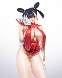 Rule 34 | 1girl, bare shoulders, black hair, blush, breast curtains, breasts, bright pupils, china dress, chinese clothes, covered erect nipples, crop top, crop top overhang, double bun, dress, eyelashes, gloves, hair bun, highres, holding, large breasts, long hair, looking at viewer, mole, mole under eye, open mouth, original, qingmingtongzi, revealing clothes, simple background, smile, solo, standing, thighs, white background, white pupils