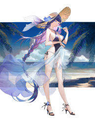 Rule 34 | 1girl, absurdres, ankle flower, beach, black footwear, black one-piece swimsuit, blue eyes, blue flower, blue hair, blunt bangs, braid, breasts, cleavage, cloud, commentary, criss-cross halter, earrings, english commentary, flower, food, from side, full body, genshin impact, halterneck, hand up, hat, hat flower, hat ribbon, high heels, highres, holding, holding food, holding sarong, horizon, jewelry, jiangyiting17, legs apart, long hair, looking at viewer, low-braided long hair, low-tied long hair, multicolored hair, ocean, one-piece swimsuit, palm leaf, plunging neckline, popsicle, purple hair, raiden shogun, ribbon, sarong, see-through, side-tie swimsuit, single braid, sky, standing, stiletto heels, straw hat, streaked hair, sun hat, swimsuit, thighs, very long hair