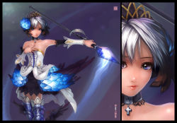 Rule 34 | 1girl, armor, armored dress, bare shoulders, blue eyes, crown, dress, greaves, gwendolyn (odin sphere), inset, odin sphere, polearm, pteruges, realistic, short hair, solo, spear, strapless, strapless dress, weapon, white hair, zhaoyebai