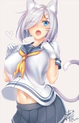 Rule 34 | 10s, 1girl, animal ears, artist name, blue eyes, blue skirt, blush, bouncing breasts, breasts, cat ears, cat tail, dated, eyebrows, eyes visible through hair, facial mark, gloves, grey background, hair ornament, hair over one eye, hairclip, hamakaze (kancolle), hands on own chest, kantai collection, large breasts, looking at viewer, midriff, navel, okitakung, open mouth, pleated skirt, school uniform, serafuku, shirt, short hair, short sleeves, silver hair, simple background, skirt, solo, tail, teeth, whisker markings, white gloves, white shirt