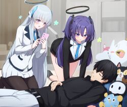 Rule 34 | 1boy, 2girls, afrody, black hair, black pantyhose, black shirt, black skirt, blue archive, blue necktie, blush, breasts, cellphone, closed eyes, collared shirt, formal, grey hair, grey pants, hair between eyes, halo, highres, holding, holding phone, indoors, large breasts, long hair, long sleeves, mechanical halo, multiple girls, necktie, noa (blue archive), open mouth, pants, pantyhose, parted lips, peroro (blue archive), phone, pleated skirt, purple eyes, purple hair, sensei (blue archive), shirt, short hair, skirt, sleeping, smartphone, smile, suit, two side up, white shirt, white skirt, yuuka (blue archive)