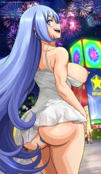Rule 34 | 1girl, anal, anal object insertion, ass, blue eyes, blue hair, blush, boku no hero academia, breasts, breasts out, butt plug, clothes lift, dress, dress lift, earrings, exhibitionism, eyeliner, eyeshadow, fireworks, hadou nejire, happy new year, highres, hoop earrings, jewel butt plug, jewelry, krabbytheartist, large breasts, long hair, looking at viewer, looking back, makeup, new year, night, night sky, nipples, no bra, no panties, object insertion, outdoors, public indecency, sex toy, sideways mouth, sky, star (sky), starry sky, white dress